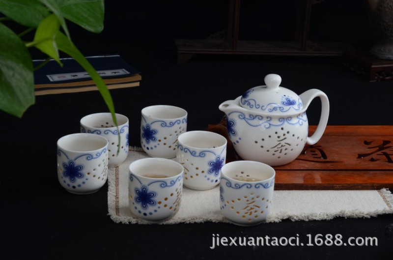 創意功夫茶具 玲瓏蜂巢藍邊茶具整套 茶行促銷禮品 員工節日福利工廠,批發,進口,代購