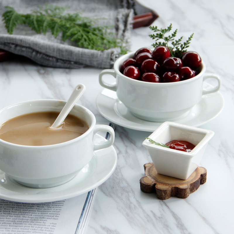 歐式陶瓷雙耳湯杯套裝天青色咖啡杯配碟花茶杯早餐杯批發特價批發・進口・工廠・代買・代購