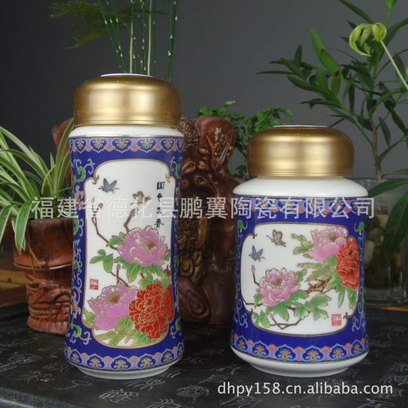 廠傢直銷景泰藍陶瓷兩件套陶瓷保溫杯商務送禮茶葉罐可加印LOGO批發・進口・工廠・代買・代購