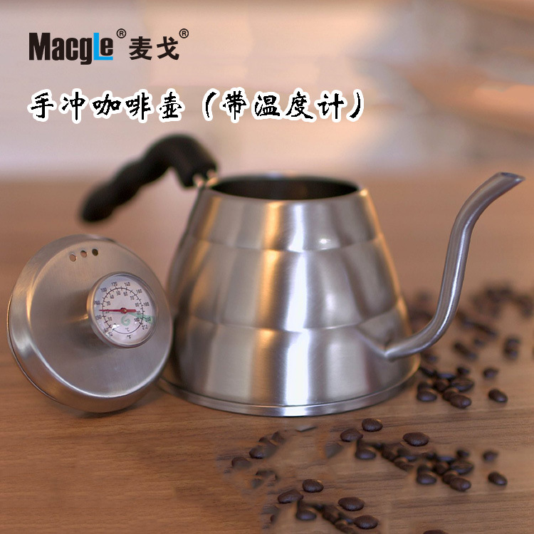 麥戈304不銹鋼手沖咖啡壺 Drip kettle 帶溫度計款細口咖啡手沖壺工廠,批發,進口,代購