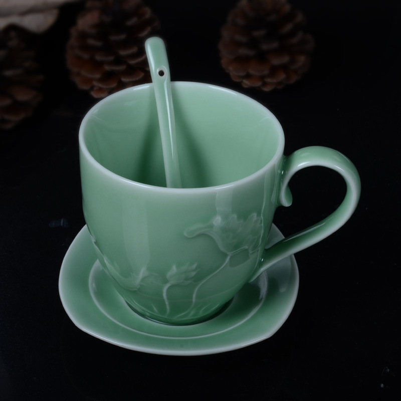 中式陶瓷連年有餘咖啡杯可雙杯套裝龍泉青瓷雅致咖啡具套裝批發工廠,批發,進口,代購