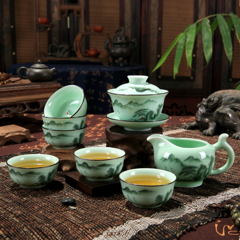 高檔功夫茶具 創意陶瓷青瓷手繪單鯉魚套裝 茶杯碗蓋  8件套 大批發・進口・工廠・代買・代購