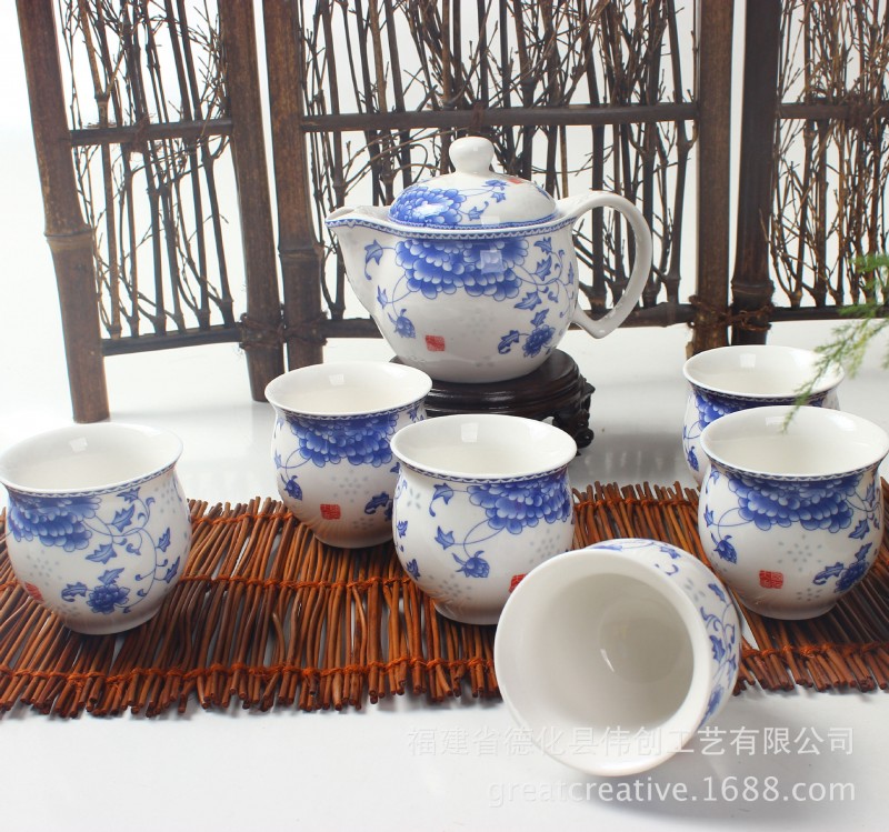 7頭青花陶瓷雙層杯茶具套裝 雙層隔熱保溫茶具  廠傢直銷特價批發批發・進口・工廠・代買・代購