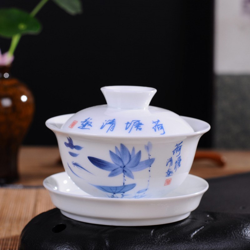 3.5寸高白青花瓷蓋碗景德鎮陶瓷三才泡茶碗批發工廠,批發,進口,代購