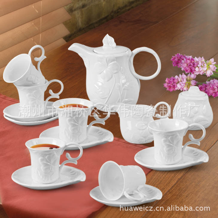 歐式15頭浮雕茶具陶瓷蕾絲花朵茶壺套裝工廠,批發,進口,代購