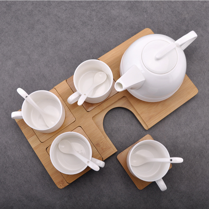 直銷定做陶瓷咖啡茶具組合 4茶杯1茶壺咖啡用具套裝 咖啡杯配竹架工廠,批發,進口,代購