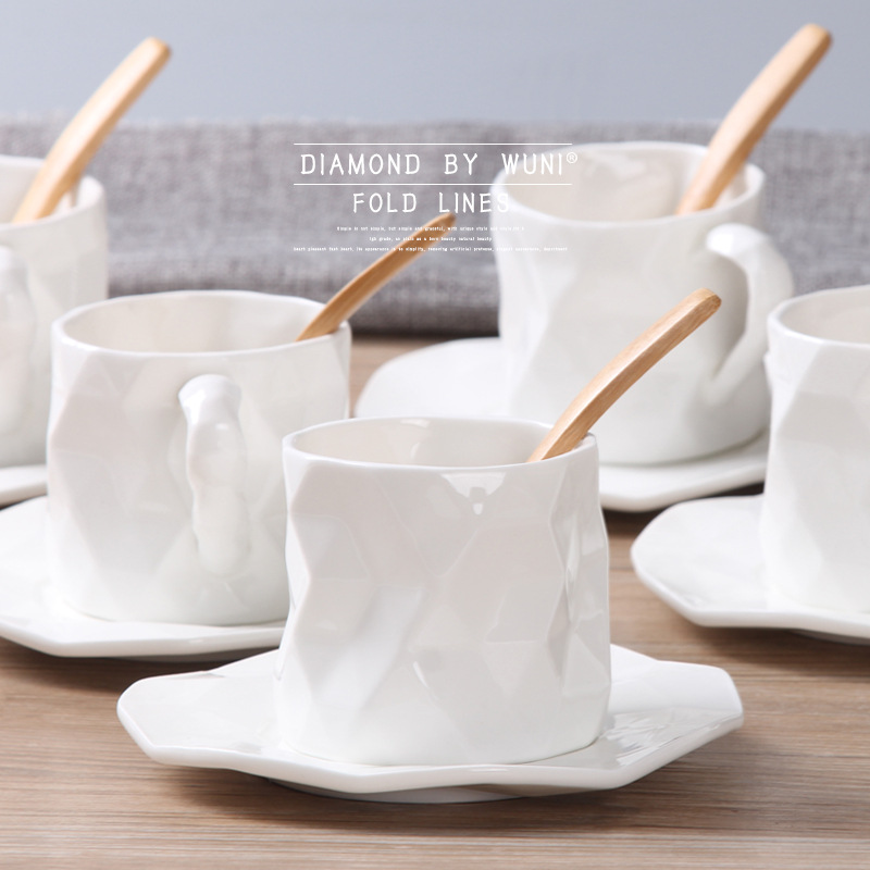 歐式高檔鉆石紋簡約英式下午茶陶瓷咖啡杯碟子帶勺高骨瓷禮品套裝工廠,批發,進口,代購