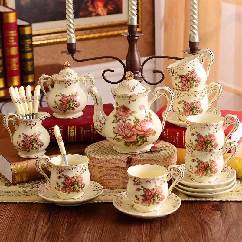 歐式高檔陶瓷15件咖啡具套裝  陶瓷象牙瓷下午茶茶具咖啡杯壺套裝工廠,批發,進口,代購