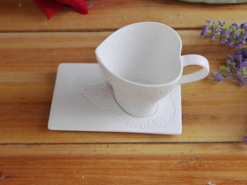 法式創意高檔純白色陶瓷浮雕心形咖啡杯碟 早餐牛奶杯 下午茶杯工廠,批發,進口,代購