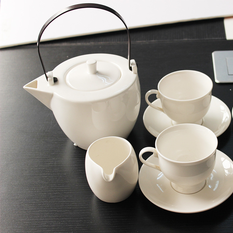 外貿LZ出口陶瓷純白色創意咖啡壺奶杯配四套杯碟咖啡具套裝批發工廠,批發,進口,代購