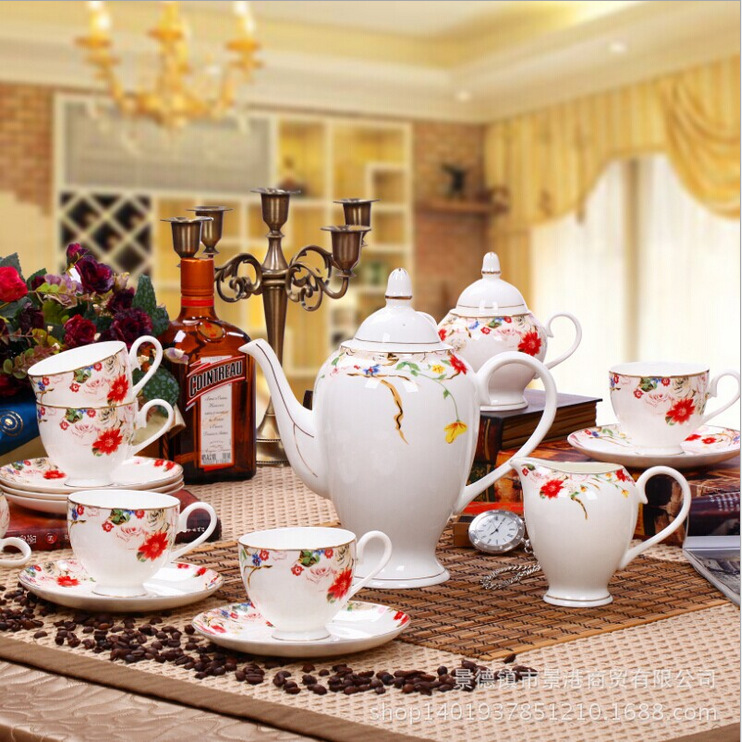 景德鎮陶瓷茶具套裝 咖啡杯套具15頭6人高檔骨瓷 粉彩花海工廠,批發,進口,代購