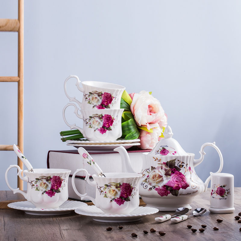 15頭宮廷咖啡具套裝 英式歐雅玫瑰圖陶瓷咖啡杯碟 廠傢批發工廠,批發,進口,代購