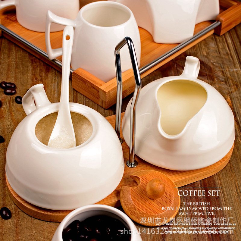 純色陶瓷帶木托盤奶茶咖啡具套裝 花茶具歐式陶瓷簡約奶糖調味罐工廠,批發,進口,代購