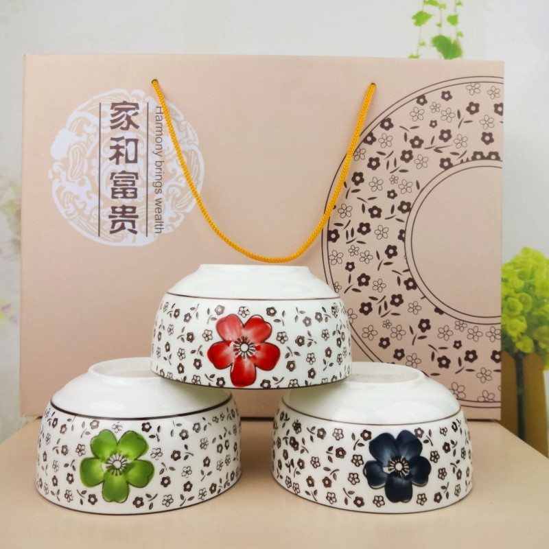 日式櫻花陶瓷碗傢用 手繪四碗四筷套裝傢和富貴 創意手提禮盒餐具批發・進口・工廠・代買・代購