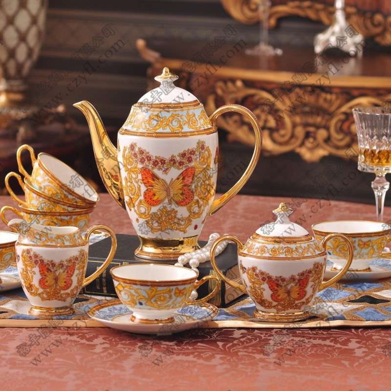 歐式奢華 15頭 骨瓷金蝴蝶 咖啡具套裝 歐式風格咖啡具批發・進口・工廠・代買・代購