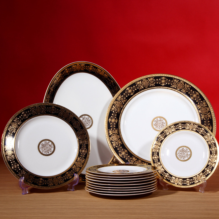 高檔華麗50頭鑲金浮雕骨瓷餐具  陶瓷碗盤碟套裝定製logo禮品餐具批發・進口・工廠・代買・代購