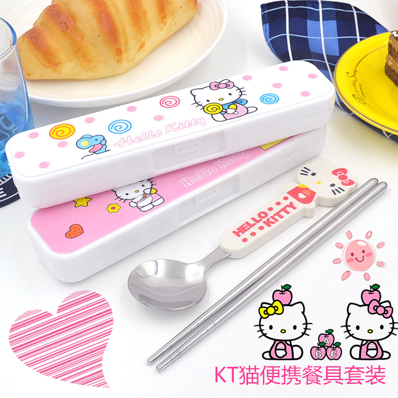 KT貓不銹鋼餐具套裝 卡通hello kitty便攜兩件套裝 凱蒂貓塑料盒批發・進口・工廠・代買・代購