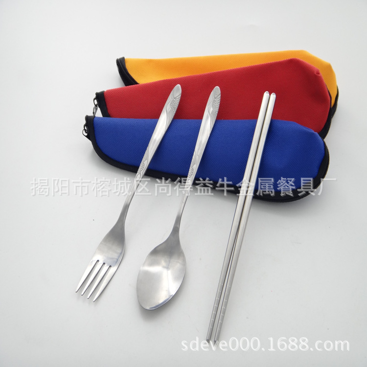 熱銷禮品餐具三件套不銹鋼餐具勺叉筷子 佈袋餐具三件套批發・進口・工廠・代買・代購