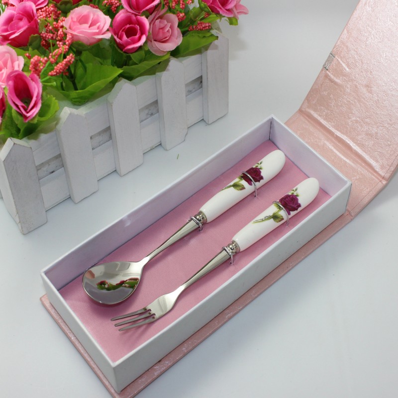 不銹鋼餐具套裝 婚慶專用 玫瑰陶瓷餐具叉勺兩件套 創意禮品餐具批發・進口・工廠・代買・代購
