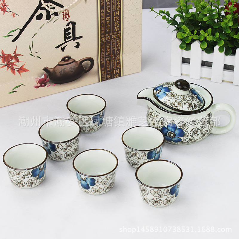 [實惠禮品]7頭釉下彩茶具陶瓷茶具套裝水具茶壺茶杯工廠,批發,進口,代購