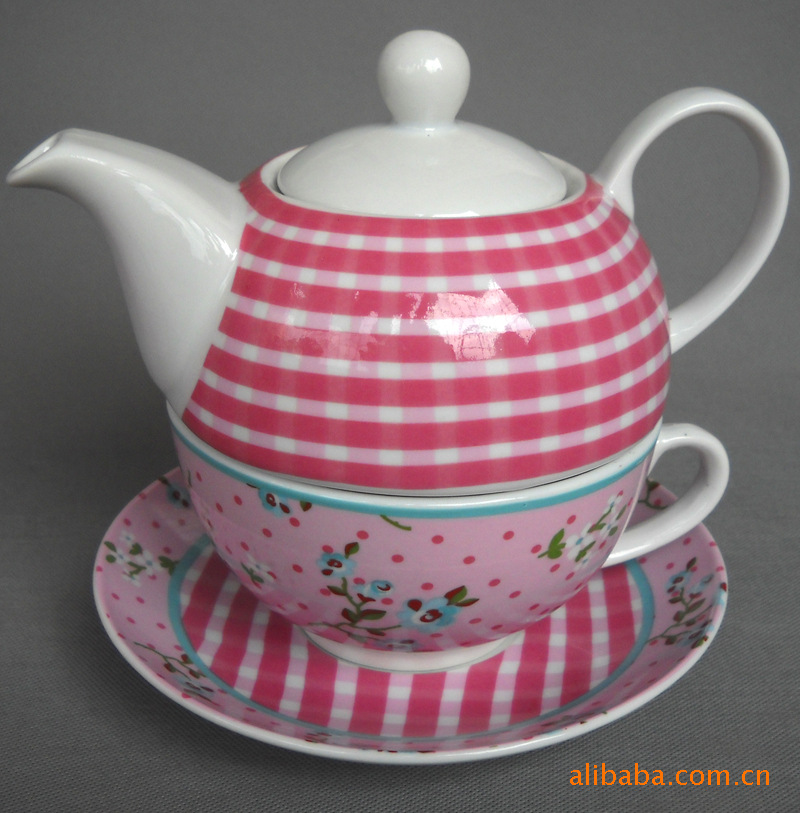 外貿茶壺BURTON GINGHAM格子棉佈單人茶具組合套裝 陶瓷咖啡壺批發・進口・工廠・代買・代購