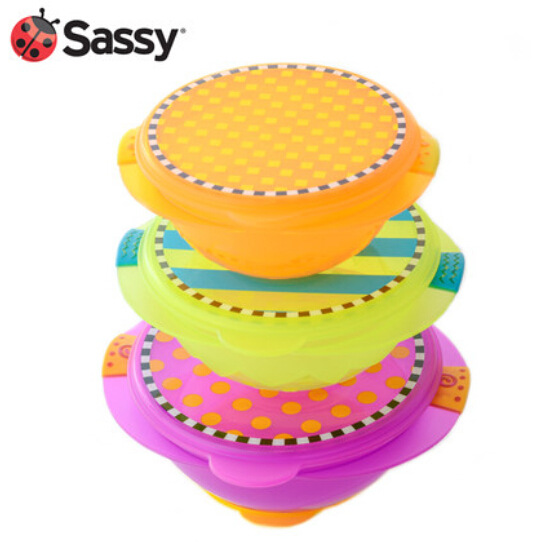 Sassy可微波帶密封蓋防摔吸盤碗 零食訓練碗 寶寶餐具3個裝批發・進口・工廠・代買・代購