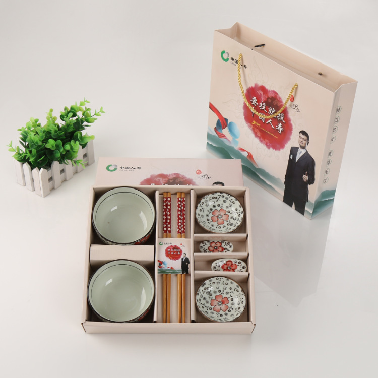 人壽櫻花餐具8件套套裝廣告手繪4個2套裝禮品可印logo廣告禮品批發・進口・工廠・代買・代購