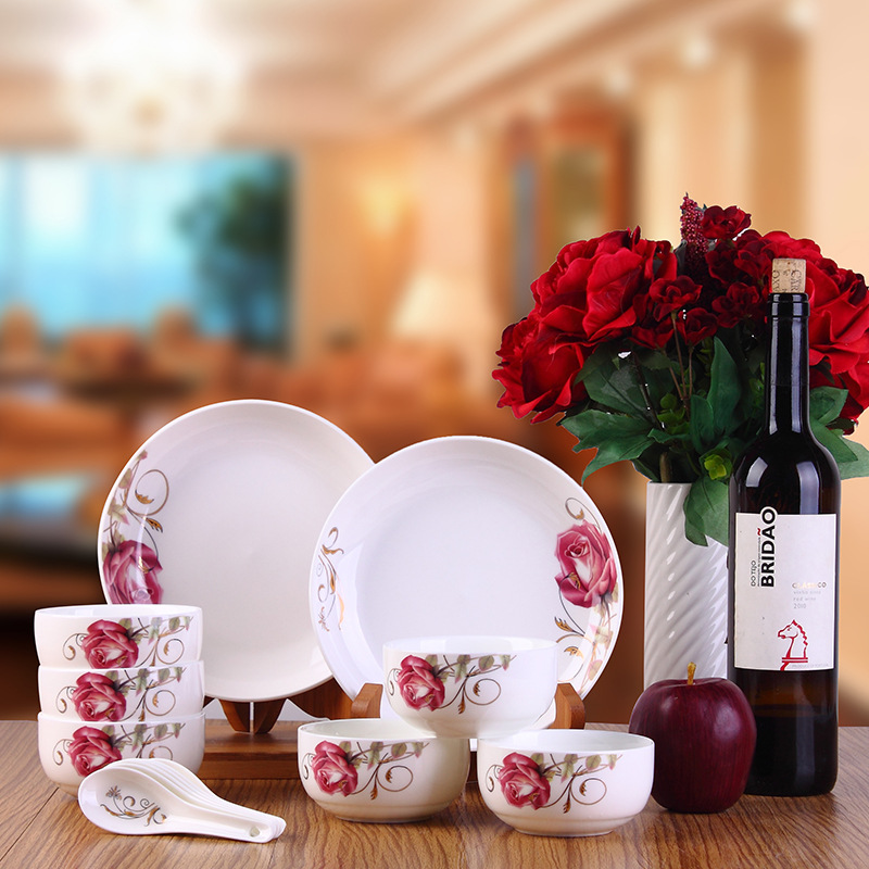陶瓷餐具套裝 玫瑰之約14頭陶瓷餐具 碗盤碟套裝禮品瓷 贈品工廠,批發,進口,代購