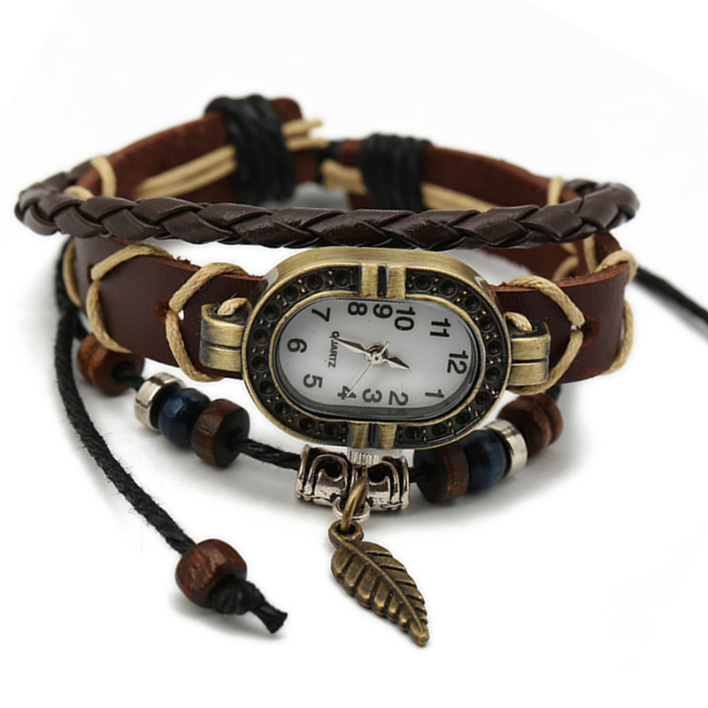韓國時尚潮流復古樹葉皮手錶 真皮編織手鏈時裝表工廠,批發,進口,代購