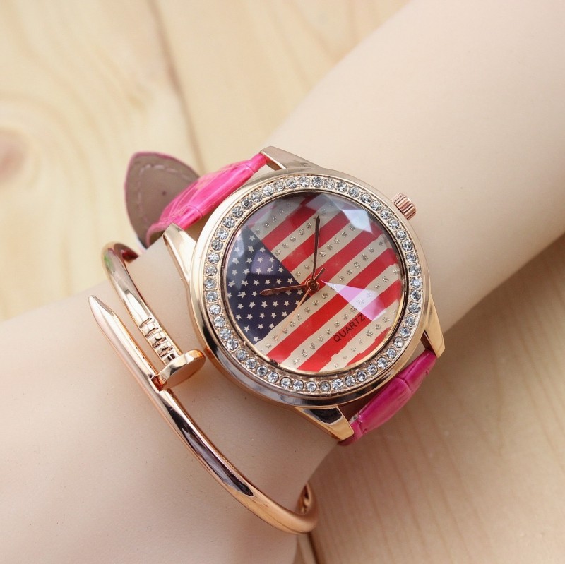 韓國時尚NUODONG美國國旗手錶皮帶女學生手錶情侶鑲鉆腕表石英表工廠,批發,進口,代購
