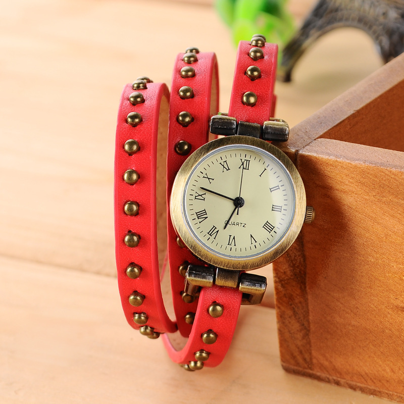 外貿爆款手錶批發韓國復古休閒手錶三圈圓釘纏繞男女學生皮帶手錶工廠,批發,進口,代購