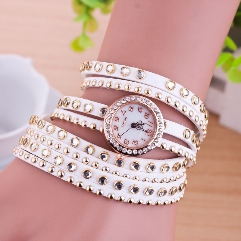 石英休閒女士時裝手鏈表 點鉆韓國絨編織手鏈鉚釘配鉆女士手錶工廠,批發,進口,代購