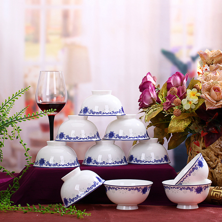 廠傢直銷景德鎮陶瓷碗套裝 高白藍色印花創意環保禮品裝工廠,批發,進口,代購