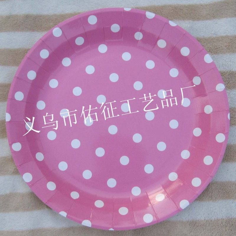 一次性紙盤子,紙碟子,紙餐具,9寸粉色白點圓點紙盤子工廠,批發,進口,代購