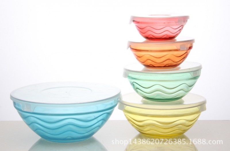 玻璃廠直銷玻璃碗 透明波浪紋刻花玻璃碗五件套 彩色五件套碗促銷批發・進口・工廠・代買・代購