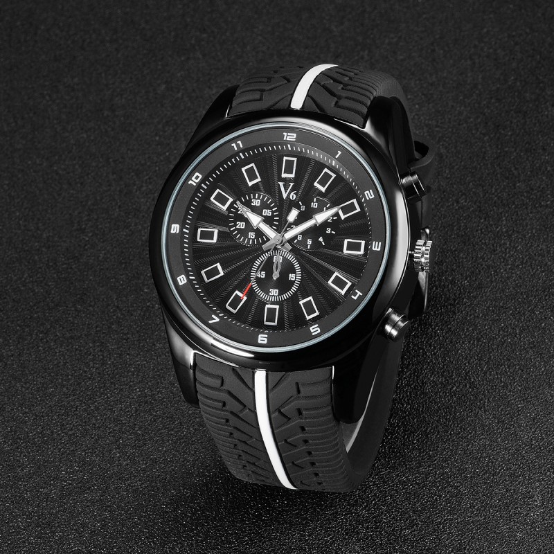 v6男款汽車輪造型腕表 廠傢批發男士假三眼膠帶石英手錶一件代發工廠,批發,進口,代購