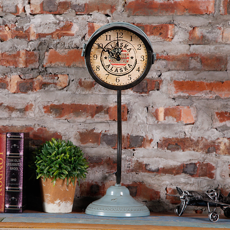 美式復古傢居創意收納座鐘路燈造型鐘表擺件客廳圓形個性做舊時鐘工廠,批發,進口,代購