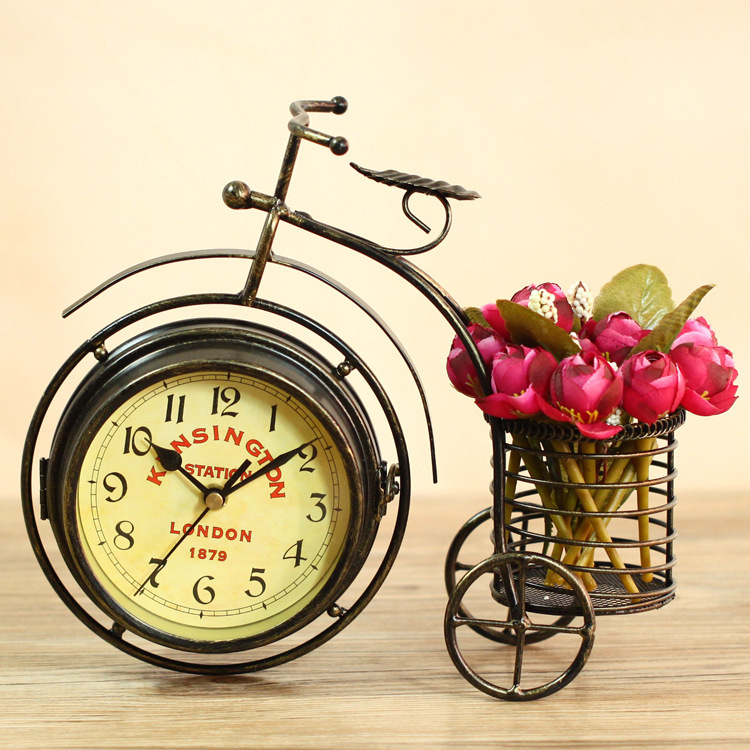 小三輪自行車鐵藝鐘表靜音裝飾臺鐘復古座鐘時鐘創意歐式石英客廳工廠,批發,進口,代購