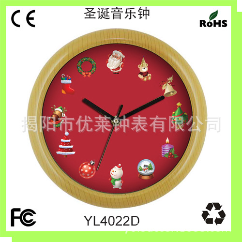 10寸25cm聖誕音樂塑料鐘 音樂時鐘 定做鳥叫鐘表 仿木紋鐘框配件工廠,批發,進口,代購