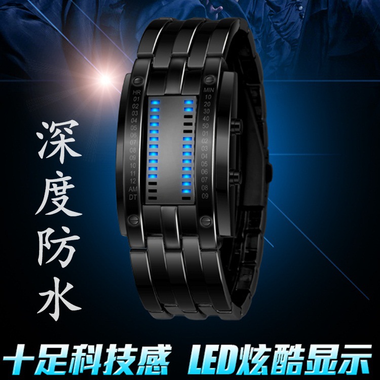 廠傢批發個性二進製手錶潮流韓版雙排燈鎢鋼防水LED手錶一件代發工廠,批發,進口,代購