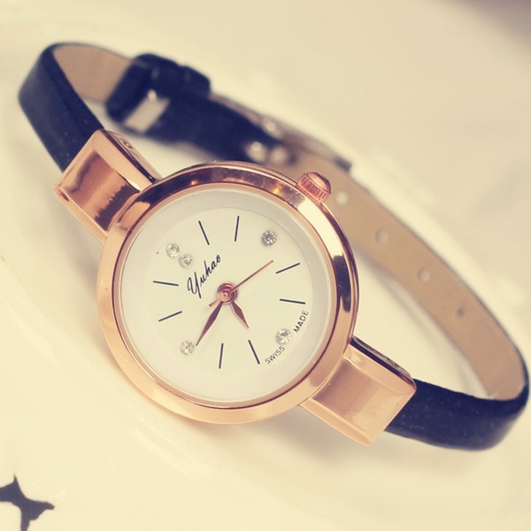 yuhao玫瑰金學生手錶韓國細表帶復古鑲鉆女表圓形小表盤女士手錶工廠,批發,進口,代購
