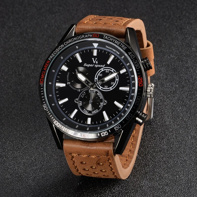 速賣通 ebay V6新款正品 時尚潮牌男士真皮休閒手錶工廠,批發,進口,代購