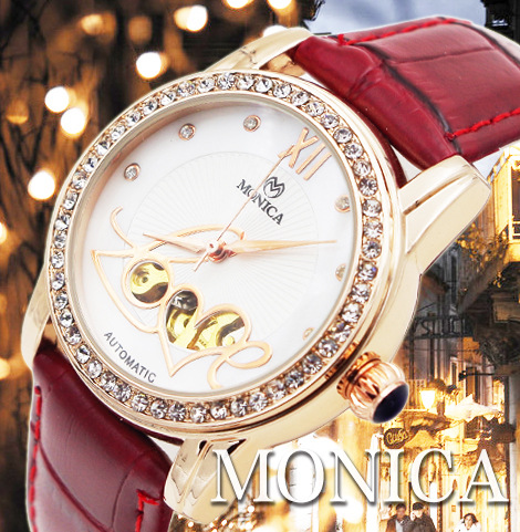 熱賣瑞士手錶 Monica全自動鏤空真皮機械表 時尚女表女士時裝表工廠,批發,進口,代購