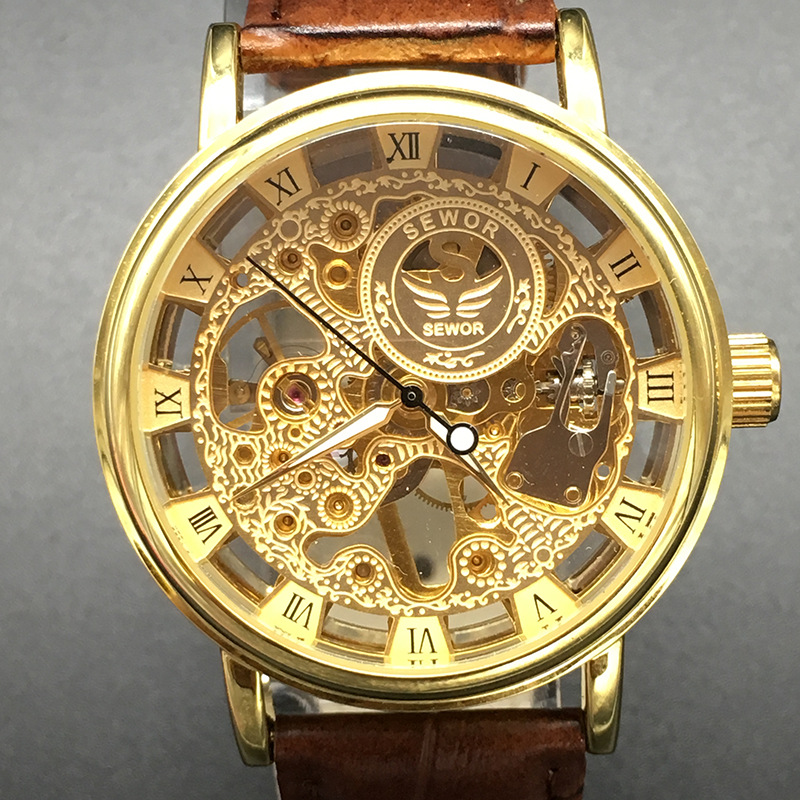 廣州一件代發可印LOGO高檔真皮表帶石英手錶 男士夜光鏤空手錶工廠,批發,進口,代購