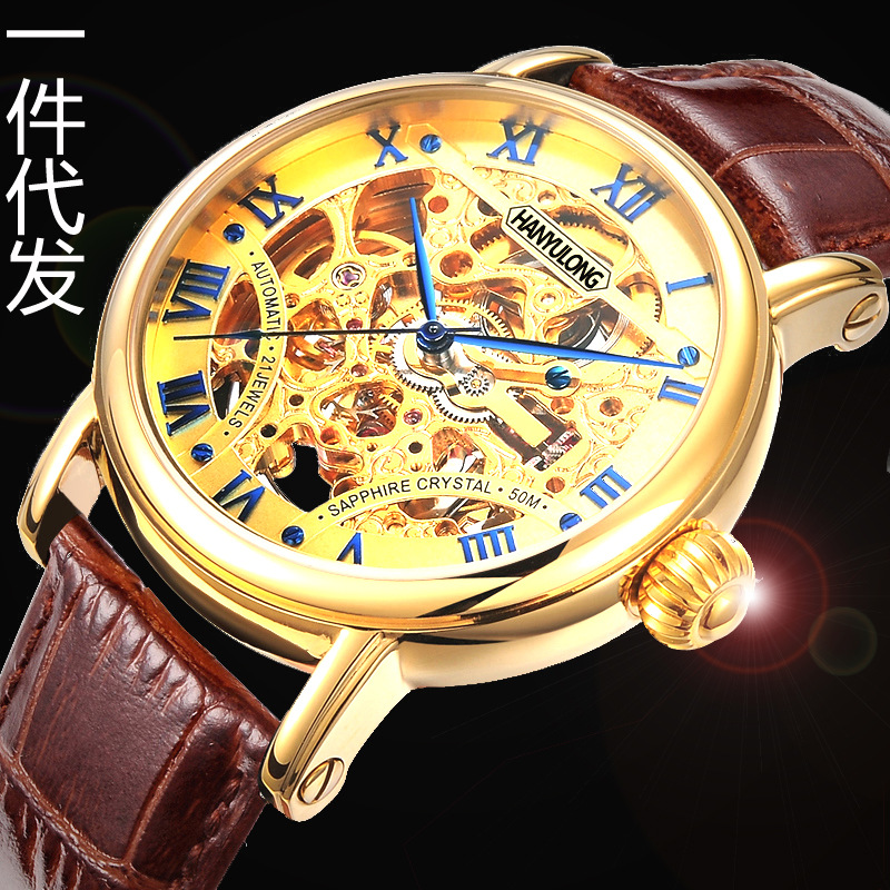 爆款品牌男士不銹鋼手錶 一件代發時尚鏤空真皮帶全自動機械手錶工廠,批發,進口,代購