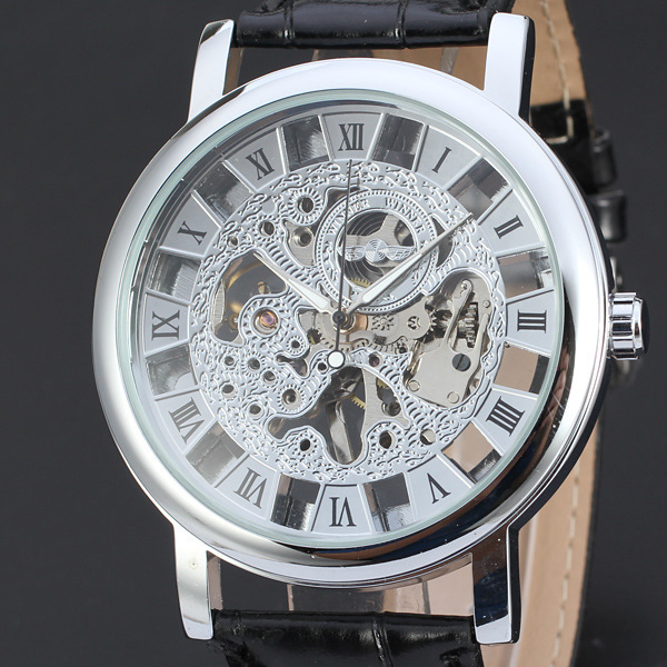 WINNER 休閒商務鏤空羅馬刻度銀表盤三針手動機械皮帶手錶 D151工廠,批發,進口,代購