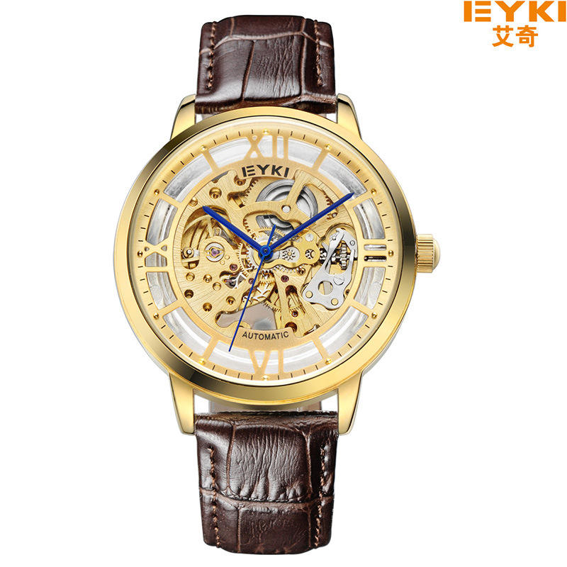 EYKI艾奇EFL8882L時尚雙麵鏤空全自動機械表皮帶潮流男士金色手錶批發・進口・工廠・代買・代購