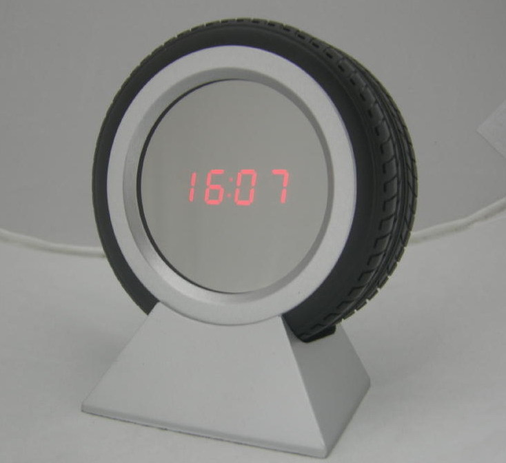 4寸仿真PVC輪胎鏡麵時鐘聲控感應靜音LED鐘工廠,批發,進口,代購