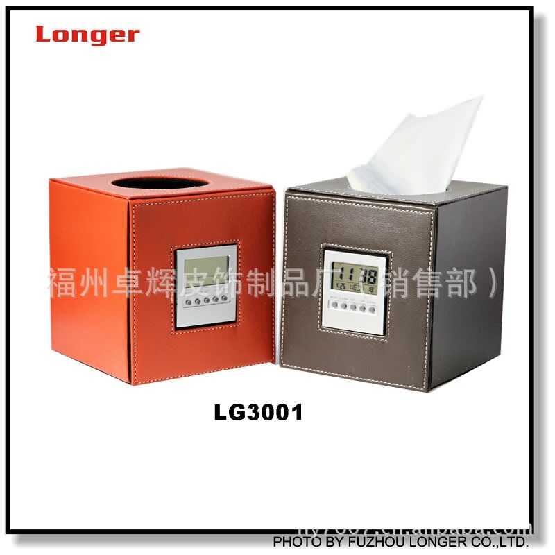 皮革電子鐘 帶紙巾盒LCD鐘  digital clock with tissue box工廠,批發,進口,代購