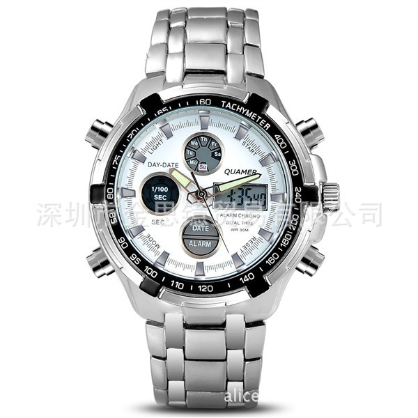 QUAMER 傲世雙機芯防水電子手錶中性高檔外貿石英手錶鋼帶手錶工廠,批發,進口,代購
